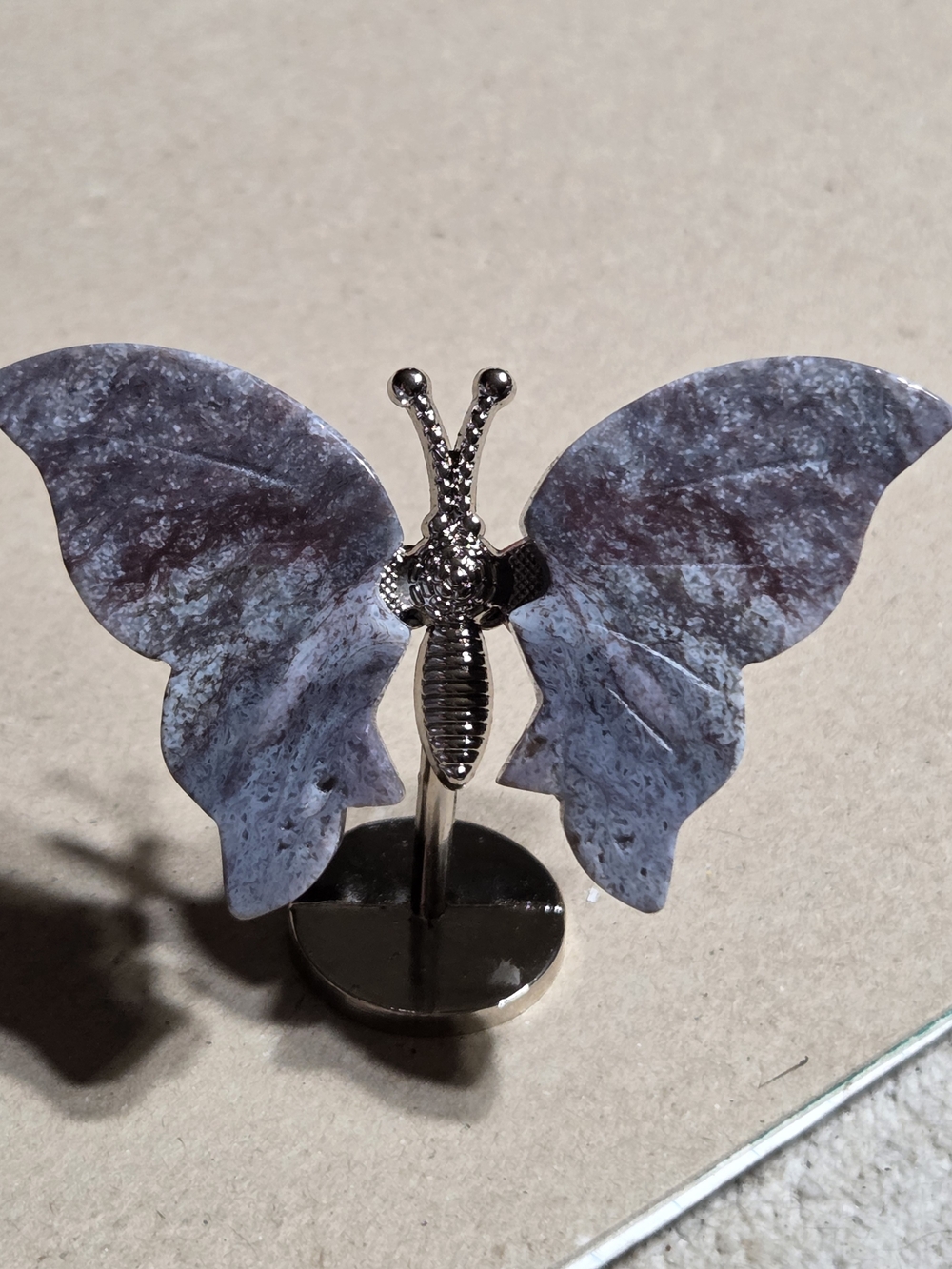 Plume Agate Crystal Butterfly Wings On Metal Body Stand Decor